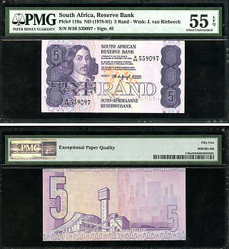 ЮАР 5 рандов ND (1978-81) Бартоломеус Вермуйден, шахты, английский-африкаанс, в слабе PMG 55 About Uncirculated Pick 119 a бумага  aUNC  452-1-58
