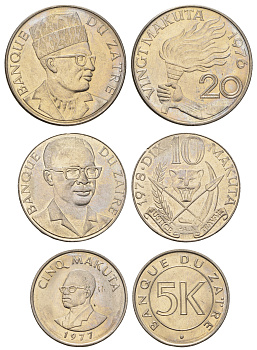 Заир лот из 3 монет 1976-1978 (5, 10 и 20 макута) KM 7, 8, 12 медно-никель UNC 650-1821
