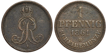 Ганновер 1 пфенниг 1861 B, Георг V KM 233, AKS 156, J. 90 медь 4594-224