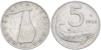 ИТАЛИЯ 5 ЛИР 1954 R, РУЛЬ, ДЕЛЬФИН KM 92 алюминий 95-751