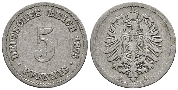 ГЕРМАНИЯ 5 ПФЕННИГОВ 1875 A, СТАРОГЕРБОВКА KM 3, J. 3 медно-никель 39-332