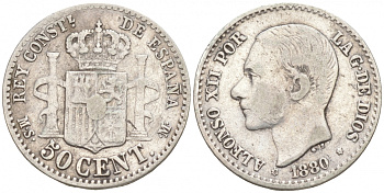 ИСПАНИЯ 50 СЕНТИМО 1880 MS-M, АЛЬФОНСО XII KM 685 серебро 44-1038