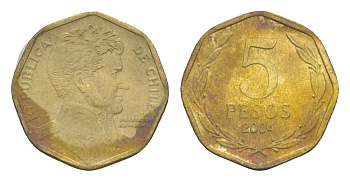 Чили 5 песо 2004 Бернардо О’Хиггинс KM 232 алюминиевая бронза 4158-523