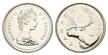 Канада 25 центов 1988 Елизавета II (1952-2022), олень KM 74 никель PROOF-LIKE (BU) 4638-535