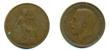 Великобритания 1 пенни 1916 Георг V (1910-1936) КМ 810, Spink 4051 бронза 41-132