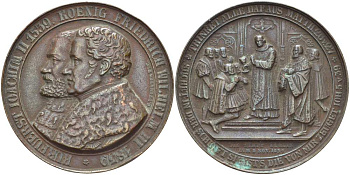 ГЕРМАНИЯ МЕДАЛЬ 1839 КУРФЮРСТ ИОАХИМ II БРАНДЕНБУРГСКИЙ 1539 - КОРОЛЬ ПРУССИИ ФРИДРИХ ВИЛЬГЕЛЬМ III 1838 ГОД, 300 ЛЕТ РЕФОРМАЦИЯМ, 2 НОЯБРЯ 1839 ГОДА, ДИАМЕТР 44 ММ. бронза 05-140-45
