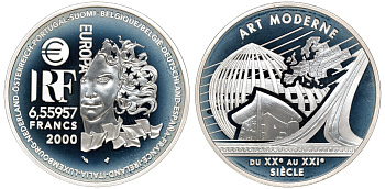 Франция 1 евро = 6,55957 франков 2000 современная архитектура XX-XXI веков в коробке с сертификатом KM 1228 серебро PROOF 4-3-3-16