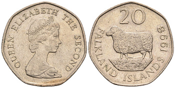 Фолклендские острова 20 пенсов 1998 Елизавета II (1952-2022), овца Ромни-марш KM 17 медно-никель 87-452