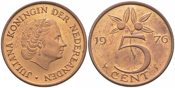 Нидерланды 5 центов 1976 Юлиана (1949-1980) KM 181 бронза 3856-513