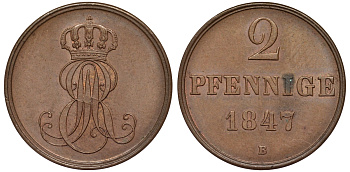 Ганновер 2 пфеннига 1847 B, Эрнст Август (1837-1851) KM 202.1, AKS 124, J. 75 медь 75-1854
