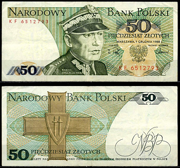 Польша 50 злотых 1988 Кароль Сверчевский, знак Грюнвальдского ордена Pick 142 c бумага 6287-20-2-2