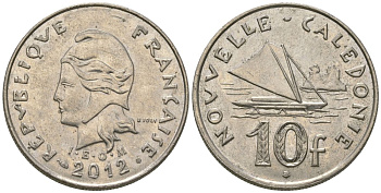 Французская Новая Каледония 10 франков 2012 рыбачья парусная лодка, (IEOM) KM 11a, Schoen 13a, Lec 99k медно-никель 65-854