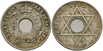 Британская Западная Африка 1/2 пенни 1947 ?, Георг VI KM 18 медно-никель 25-1031