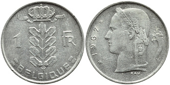 БЕЛЬГИЯ 1 ФРАНК 1967 BELGIQUE KM 142.1 медно-никель 4388-1014