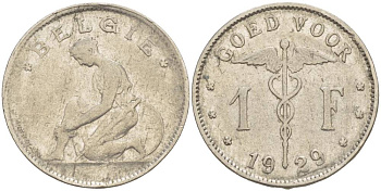 БЕЛЬГИЯ 1 ФРАНК 1929 BELGIE KM 90 никель 4546-222