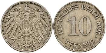Германия 10 пфеннигов 1905 E J. 13,  KM 12 медно-никель    4603-654