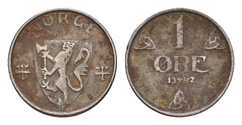 Норвегия 1 эре 1942 Хокон VII (1905-1957) KM 387 железо 4658-121