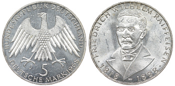 ФРГ 5 марок 1968 J, 150 лет со дня рождения Фридриха Вильгельма Райффайзена J. 396, KM 121 серебро 4178-832