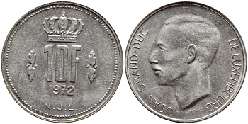 ЛЮКСЕМБУРГ 10 ФРАНКОВ 1972 KM 57 никель 4398-837