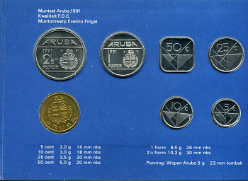 Аруба официальный набор из 6 монет 1991 в оригинальном буклете, с жетоном монетного двора KM MS6 UNC 2-5-2-35