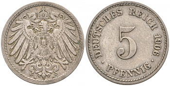 ГЕРМАНИЯ 5 ПФЕННИГОВ 1906 A, KM 11, J. 12 медно-никель 73-1765