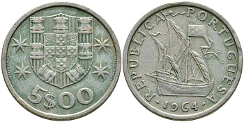 ПОРТУГАЛИЯ 5 ЭСКУДО 1964 ПАРУСНИК KM 591 медно-никель 4388-456
