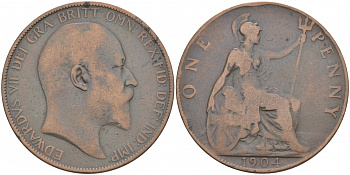 Великобритания 1 пенни 1904 Эдуард VII (1901-1910) KM 794.2, Spink 3990 бронза 3855-634