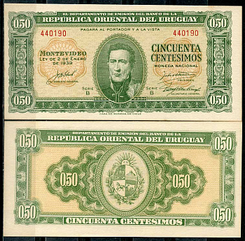 Уругвай 50 сентесимо 1939 Хосе Хервасио Артигас, серия B Pick 34  бумага  UNC (пресс) 447-116-1