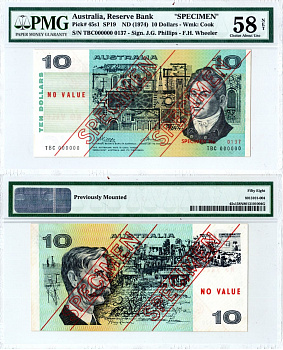 Австралия 10 долларов ND (1974) в холдере компании PMG. Сохранность -58, образец "SPECIMEN" Фрэнсис Гринуэй, здания. Генри Лоусон, деревня Pick 24 s1 бумага 10-3-08
