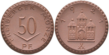 Фрайберг 50 пфеннигов 1921  Men05 8084.7, Men05 8084.8, Men22.2 10080 фарфор   1085-10-14