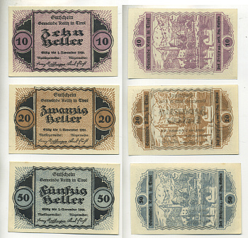 АВСТРИЯ НАБОР ИЗ 3 БАНКНОТ 1920 1 НОЯБРЯ 1920, НОТГЕЛЬД, 10, 20, 50 ГЕЛЛЕРОВ, REITH IN TIROL бумага aUNC 7203-37-3