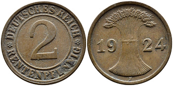 ГЕРМАНИЯ 2 РЕНТЕНПФЕННИГА 1924 F KM 31, J.307 бронза 4387-1135