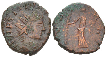 Римская Империя, императоры в Галлии антониниан 273 - 274 Тетрик II, C PIV TETRICVS P CAES, бюст цезаря / HILARITAS AVGG, Хиларитата, персонификация Радости, локальная чеканка в Галлии RIC 232 биллон 1073-24-73