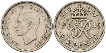 Великобритания 6 пенсов 1949 Георг VI (1936-1952) KM 875, Spink 4110 медно-никель 4596-1032