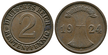 ГЕРМАНИЯ 2 РЕНТЕНПФЕННИГА 1924 J KM 31, J.307 бронза 86-1852