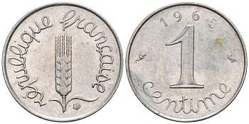 ФРАНЦИЯ 1 САНТИМ 1965 KM 928 хромированная сталь 4588-347