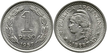 Аргентина 1 песо 1957 голова свободы влево KM 57 сталь плакированная никелем 4525-911