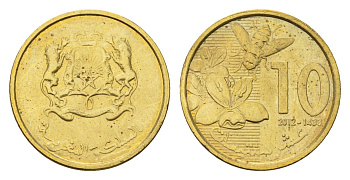 Марокко 10 сантимов 2012 Y 136 сталь плакированная латунью UNC 4588-1248