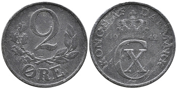 ДАНИЯ 2 ЭРЕ 1942 N; S, КРИСТИАН X (1912-1947) KM 833а цинк 24-1132