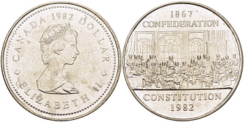 КАНАДА 1 ДОЛЛАР 1982 115 ЛЕТ КОНСТИТУЦИИ KM 134 медно-никель UNC 1526-1344