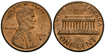 США 1 цент 1984 D, Линкольн KM 201b цинк плакированный медью 4136-235