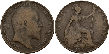 Великобритания 1 пенни 1906 Эдуард VII (1901-1910) KM 794.2, Sp 3990 бронза 4149-1144