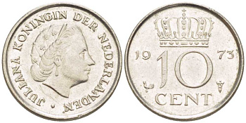 НИДЕРЛАНДЫ 10 ЦЕНТОВ 1973 ЮЛИАНА (1948-1980) KM 182 никель 214-1267