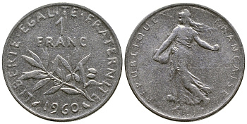 ФРАНЦИЯ 1 ФРАНК 1960 СЕЯТЕЛЬ KM 925.1, LE FRANC 226.4 никель 51-4323