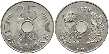 ДАНИЯ 25 ЭРЕ 1979 B; B, МАРГРЕТЕ II (1972-) KM 861.2 медно-никель 4397-221