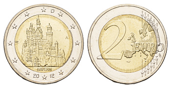 Германия 2 евро 2012 A, Бавария, Замок Нойшванштайн, серия Федеральные земли Германии KM 305 биметалл M85-12
