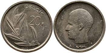 БЕЛЬГИЯ 20 ФРАНКОВ 1980 BELGIE, БОДУЭН I (1951-1993) KM 160 никель бронза 4388-1231