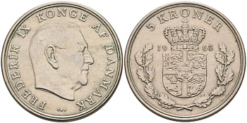 Дания 5 крон 1965 C;S, Фредерик IX (1947-1972) KM 851.1 медно-никель 4572-316
