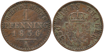 Пруссия 1 пфенниг 1856 A, Фридрих Вильгельм IV (1840-1861) KM 451 медь 4532-218