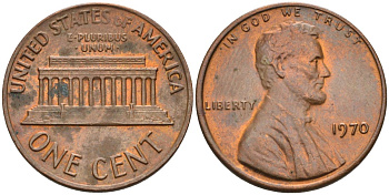 США 1 цент 1970 Линкольн KM 201 медь цинк 4115-854